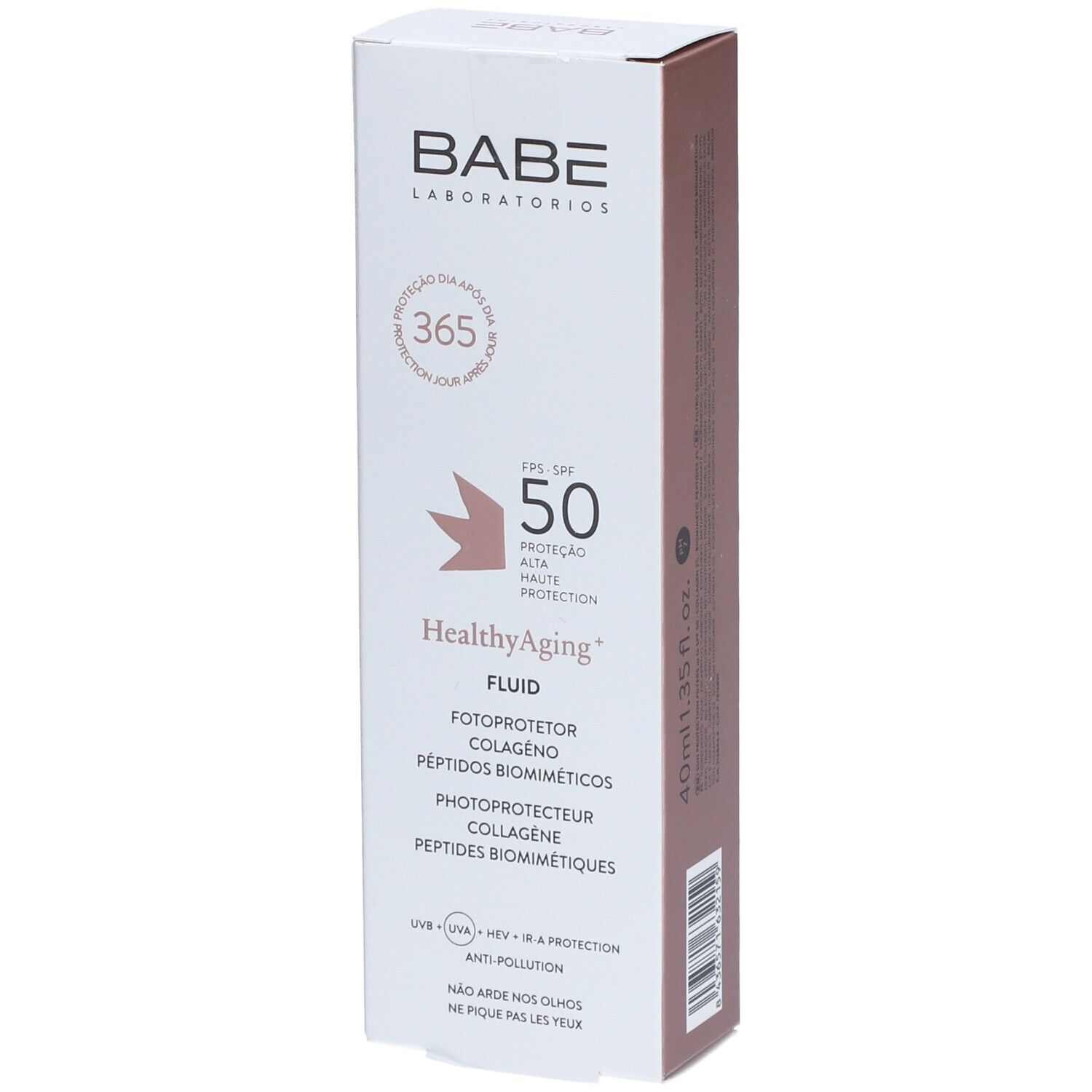 Boîte BABÉ HealthyAging+ Fluid SPF 50. Textes en allemand, français, portugais. 40ml.