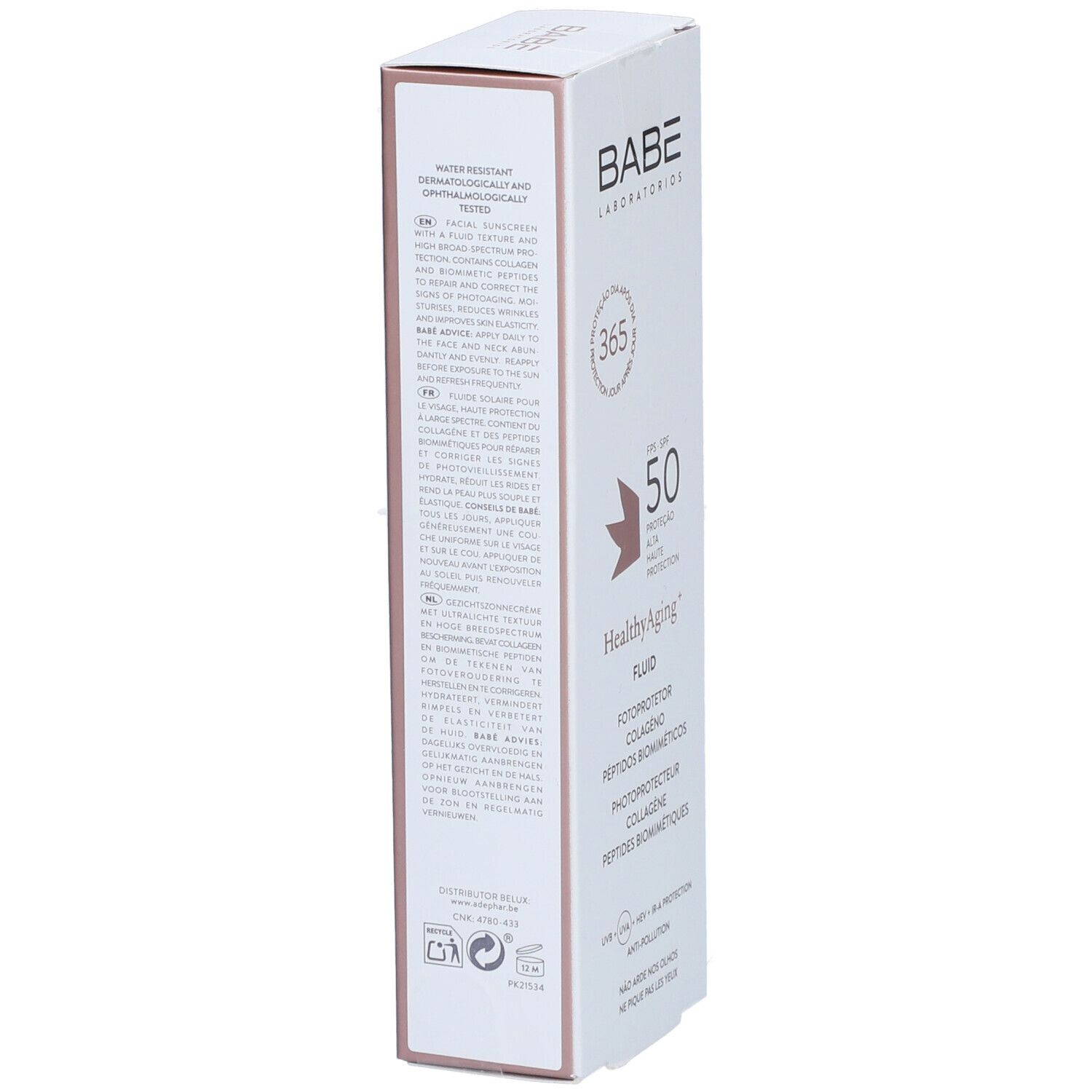 Boîte BABÉ HealthyAging+ Fluid SPF 50. Textes en allemand, français, portugais. Vue détaillée.