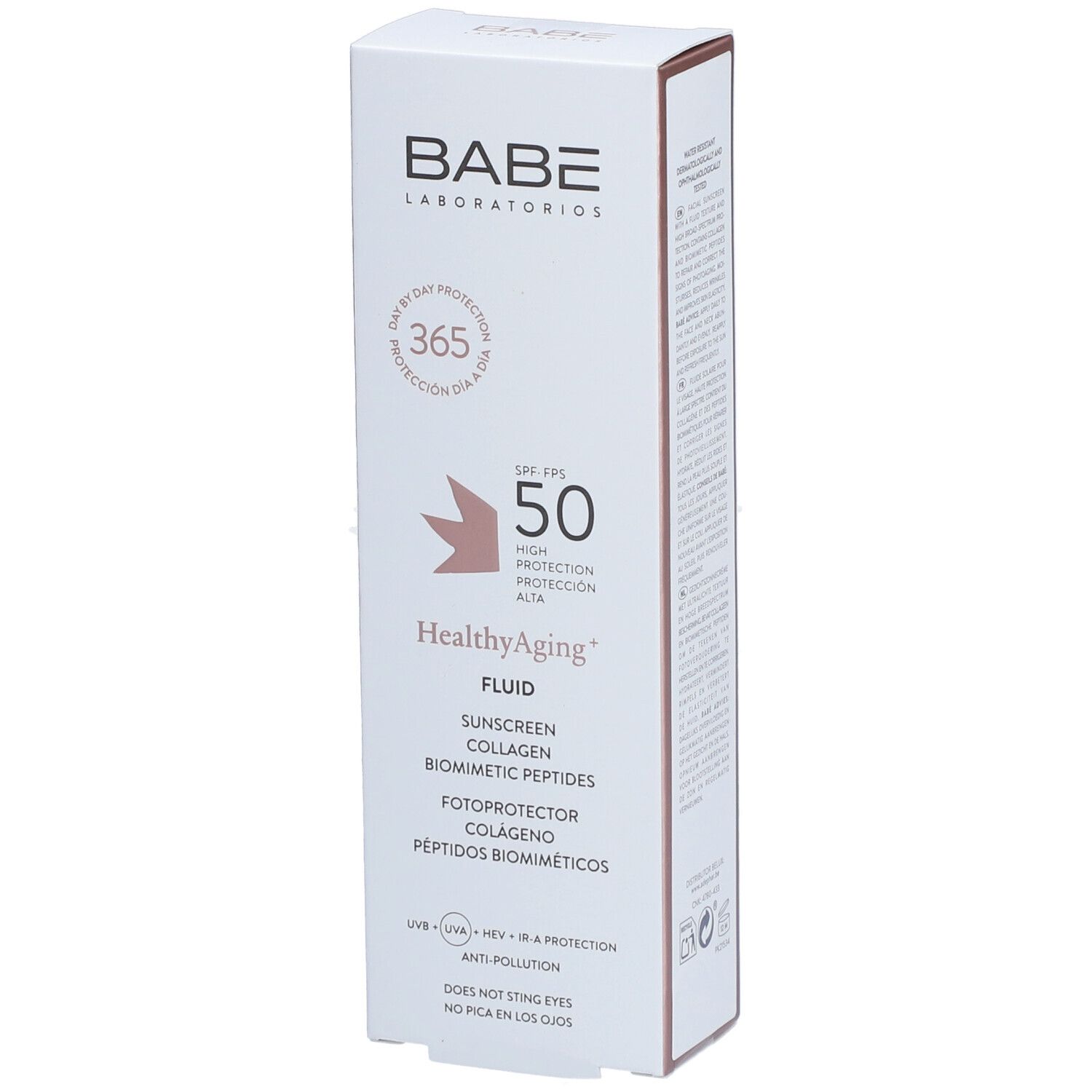 Boîte BABÉ HealthyAging+ Fluid SPF 50. Textes en allemand, français, portugais. Vue latérale.
