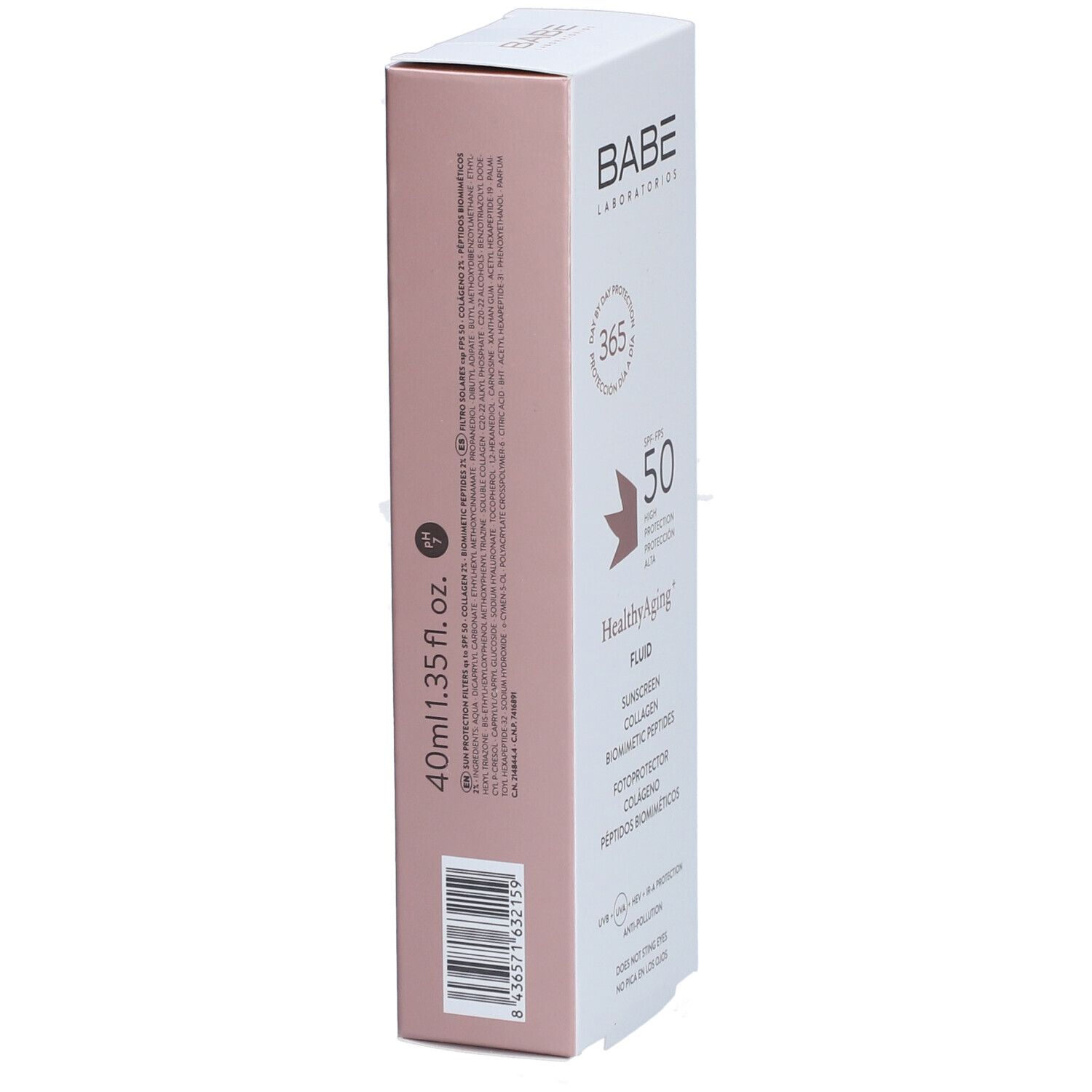 Boîte BABÉ HealthyAging+ Fluid SPF 50. Textes en allemand, français, portugais. 40ml.