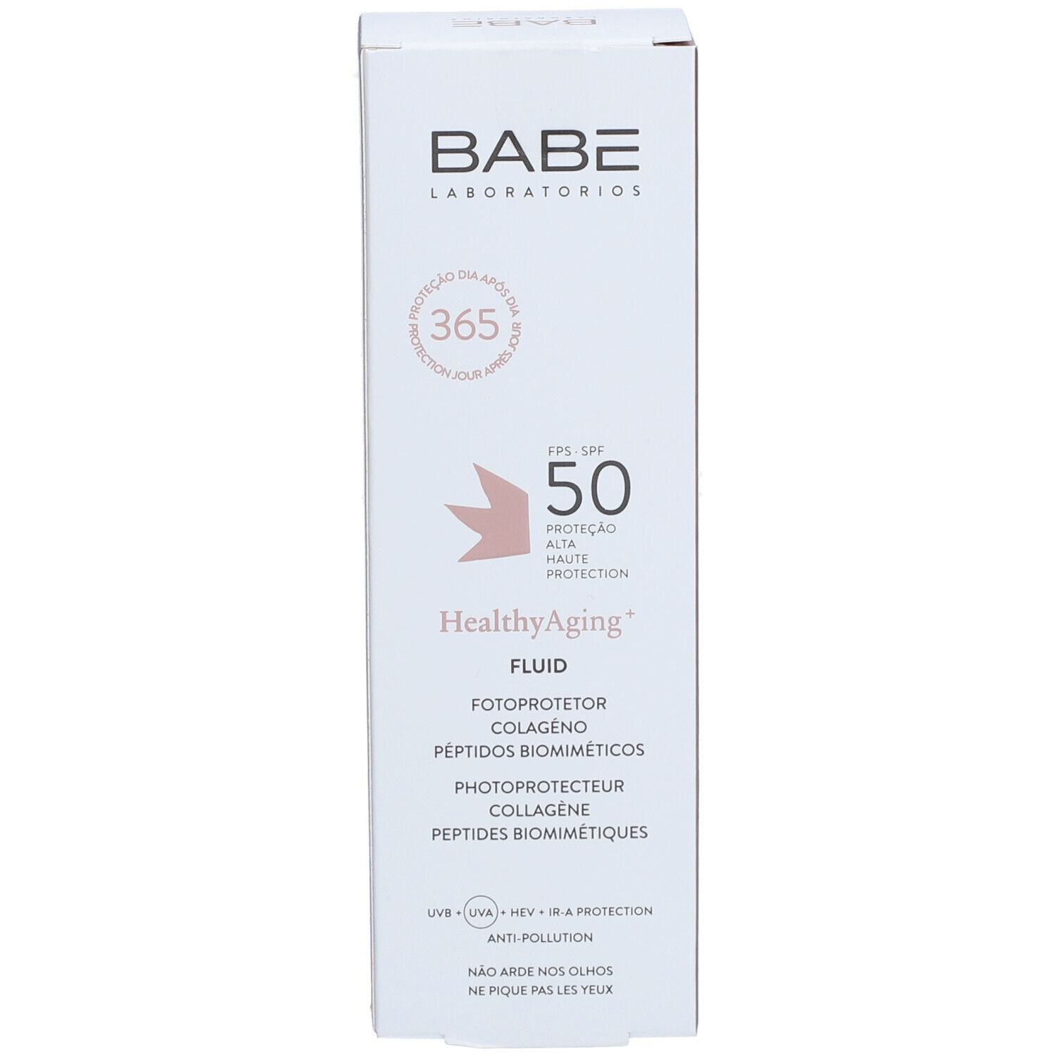 Boîte BABÉ HealthyAging+ Fluid SPF 50. Textes en allemand, français, portugais. Vue de face.