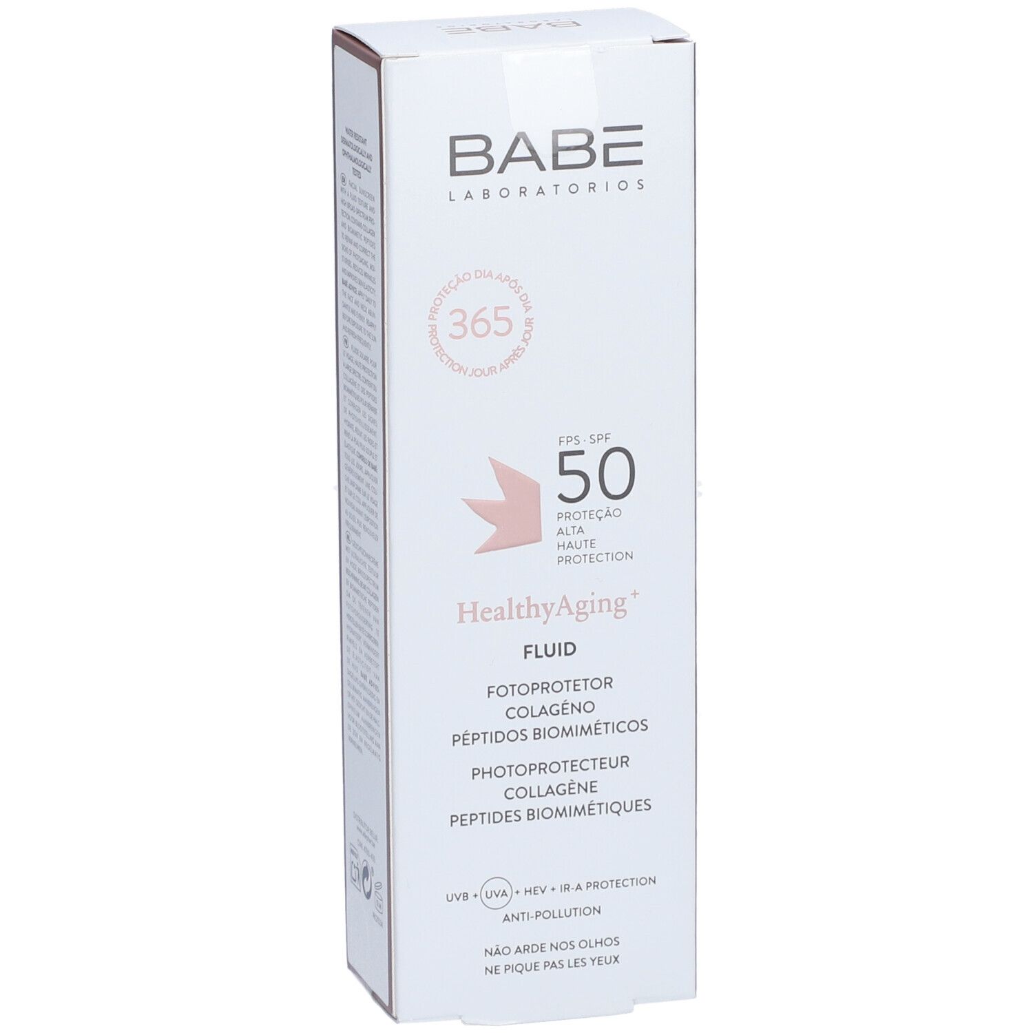 Boîte BABÉ HealthyAging+ Fluid SPF 50. Textes en allemand, français, portugais. Vue de face.