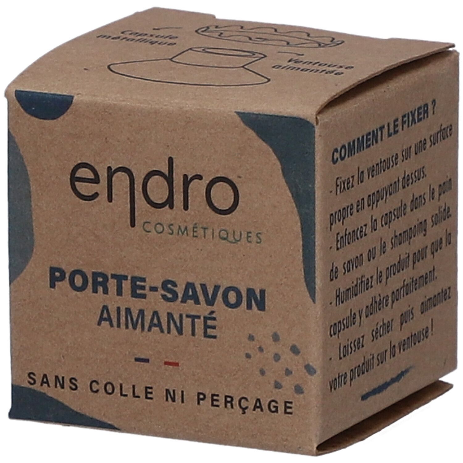 Boîte en carton du Porte-Savon Aimanté Endro. Inscription : Porte-Savon Aimanté. Sans colle ni perçage.