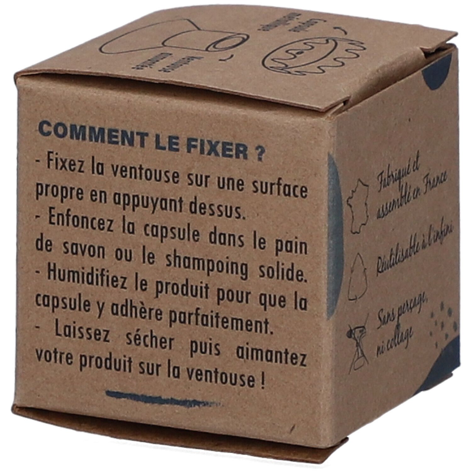 Boîte en carton du Porte-Savon Aimanté Endro. Texte : Comment le fixer ? Fixez la ventouse sur une surface propre.