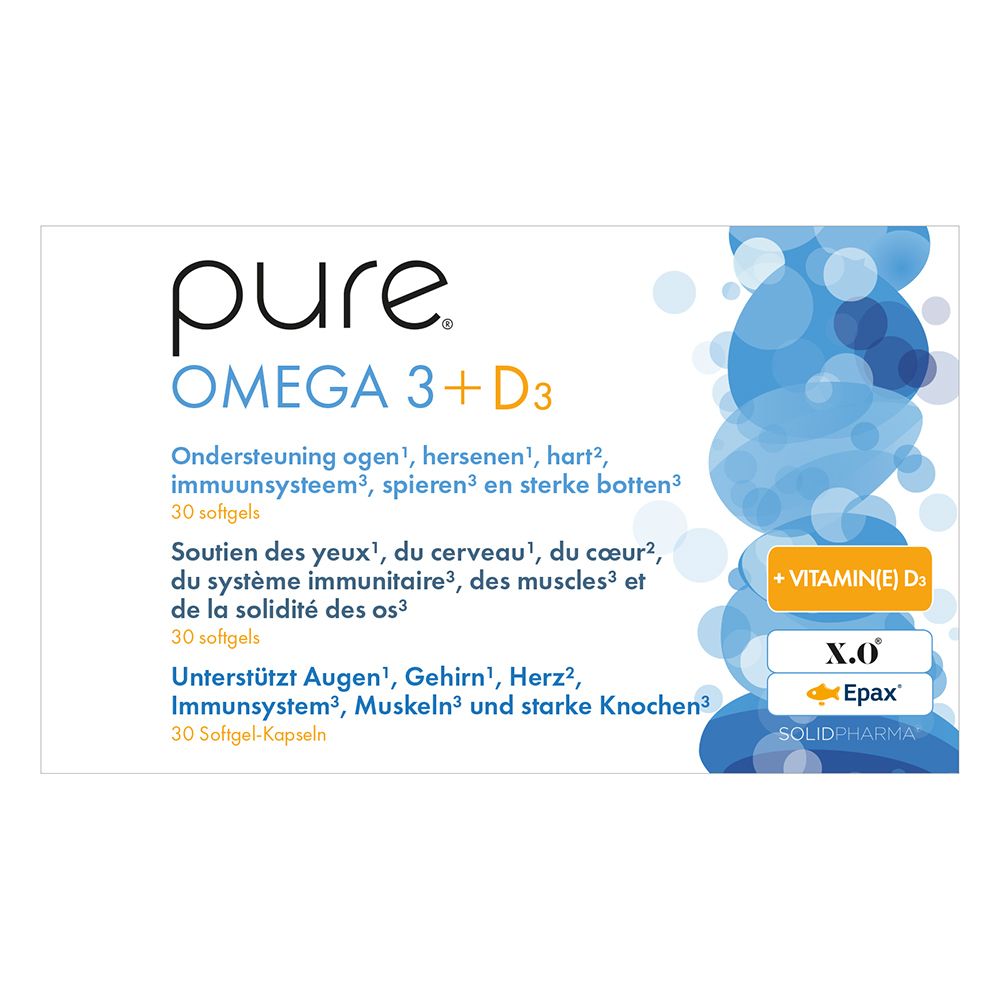 Boîte blanche Pure Omega 3 + D3, 30 gélules. Éléments bleus et orange. Texte en plusieurs langues.