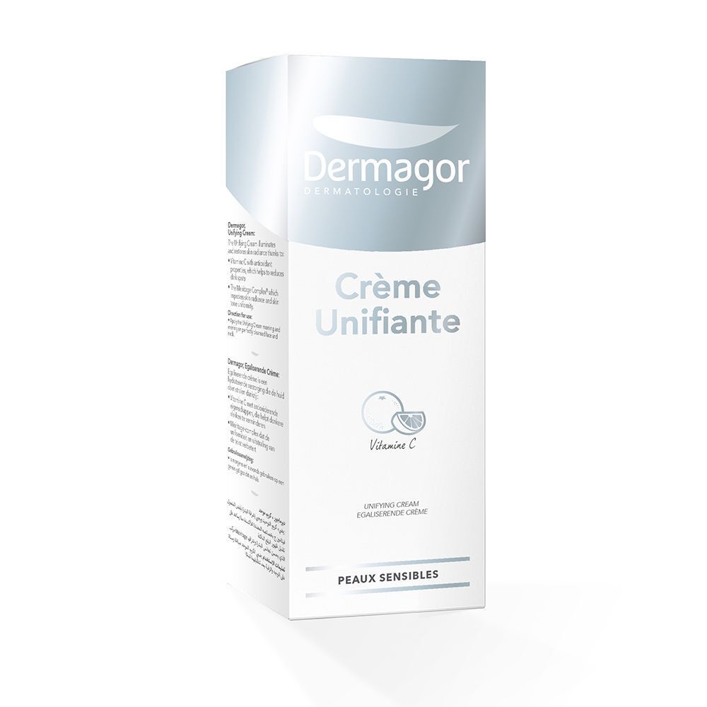 Boîte de Dermagor Crème Unifiante. Inscription: Crème Unifiante. Avec vitamine C. Pour peaux sensibles.