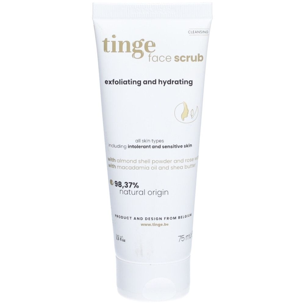 Tinge Gommage Visage : Tube de 75ml avec bouchon à rabat. Exfoliant et hydratant.