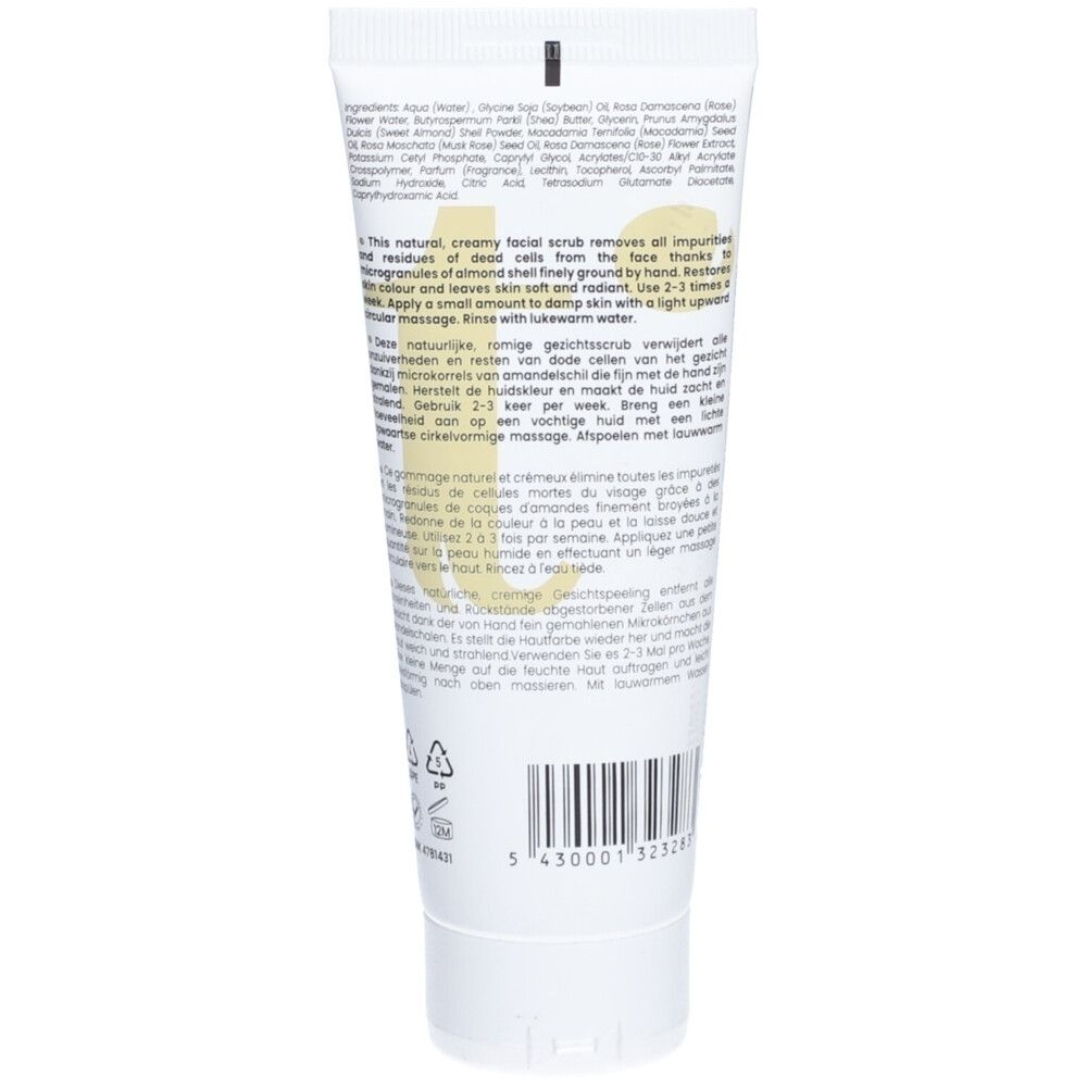 Arrière du tube Tinge Gommage Visage avec ingrédients et instructions d'utilisation multilingues.