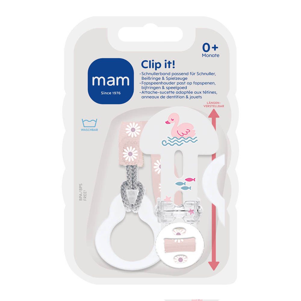 Emballage MAM Clip it! Attache-tétine. Design rose et blanc avec motif flamant rose. Convient aux bébés de 0+ mois.