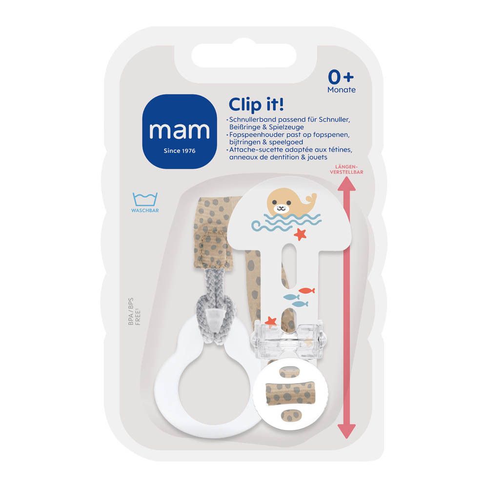 Emballage MAM Clip it! Attache-tétine. Design beige et blanc avec motif phoque. Convient aux bébés de 0+ mois.
