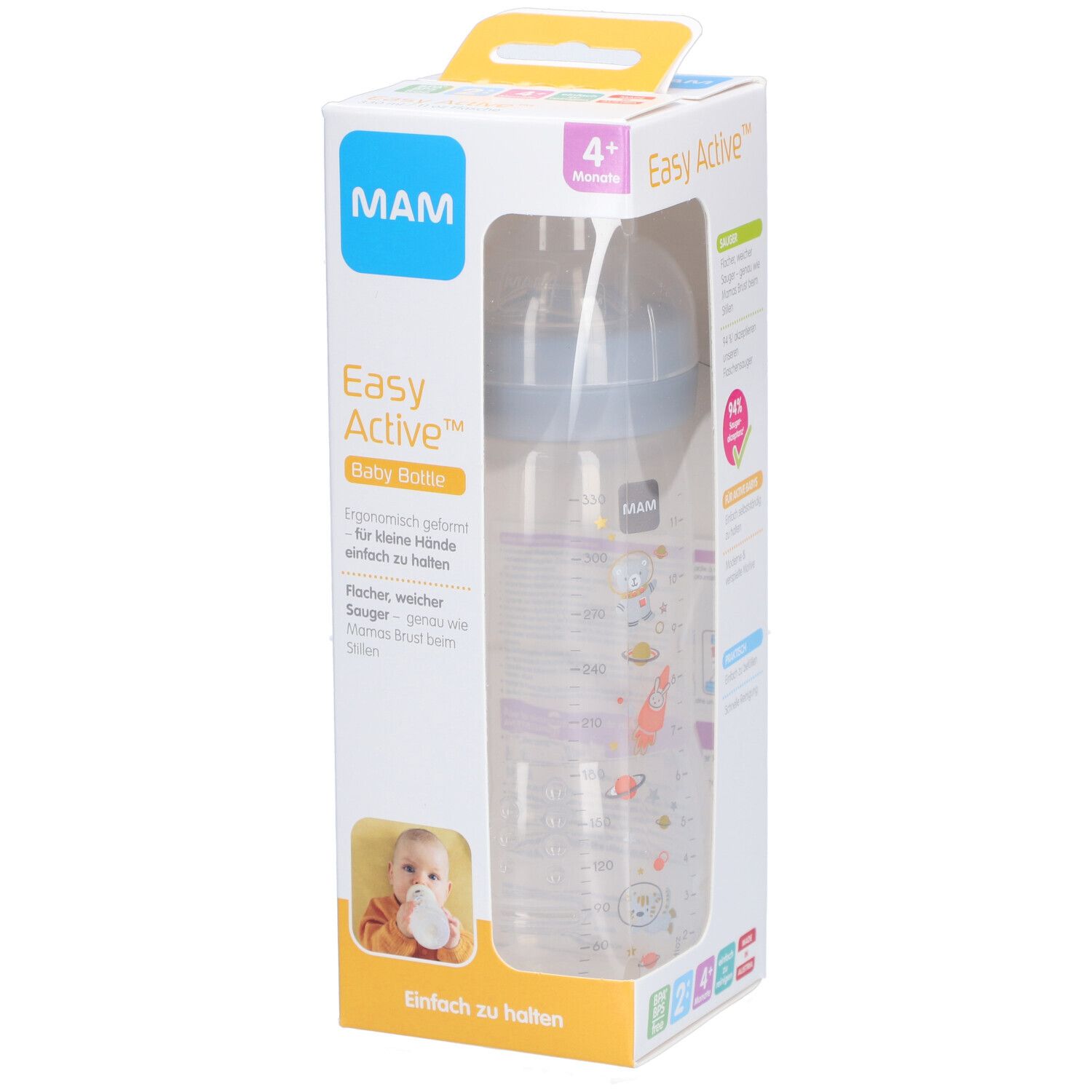 Biberon MAM Easy Active dans son emballage. Biberon transparent avec motifs colorés. Emballage avec informations produit.