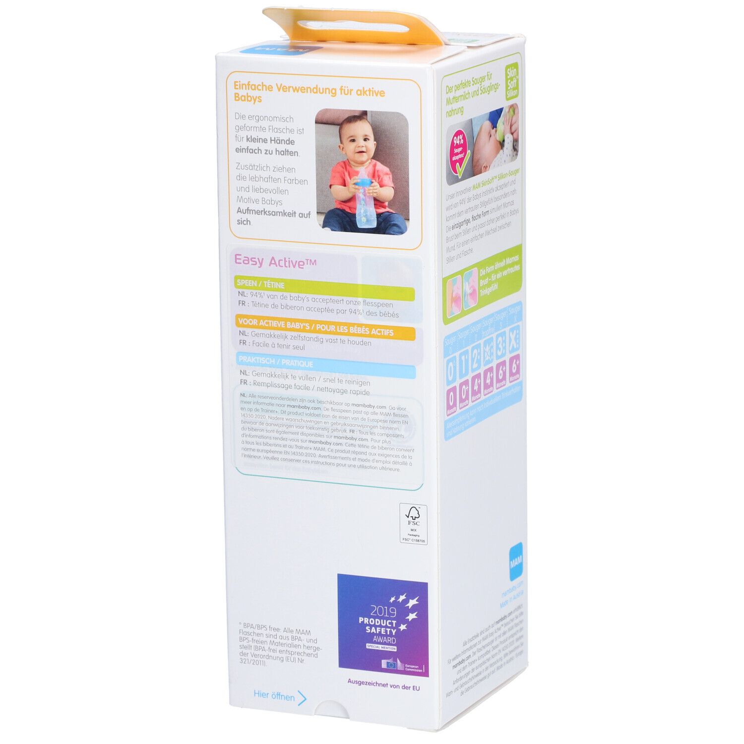 Dos de l'emballage du biberon MAM Easy Active. Informations produit, graphiques et photo de bébé. Distinctions.