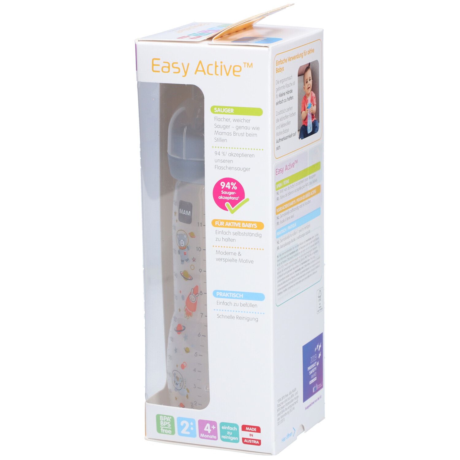 Biberon MAM Easy Active dans son emballage. Biberon transparent avec motifs colorés. Emballage avec informations produit.