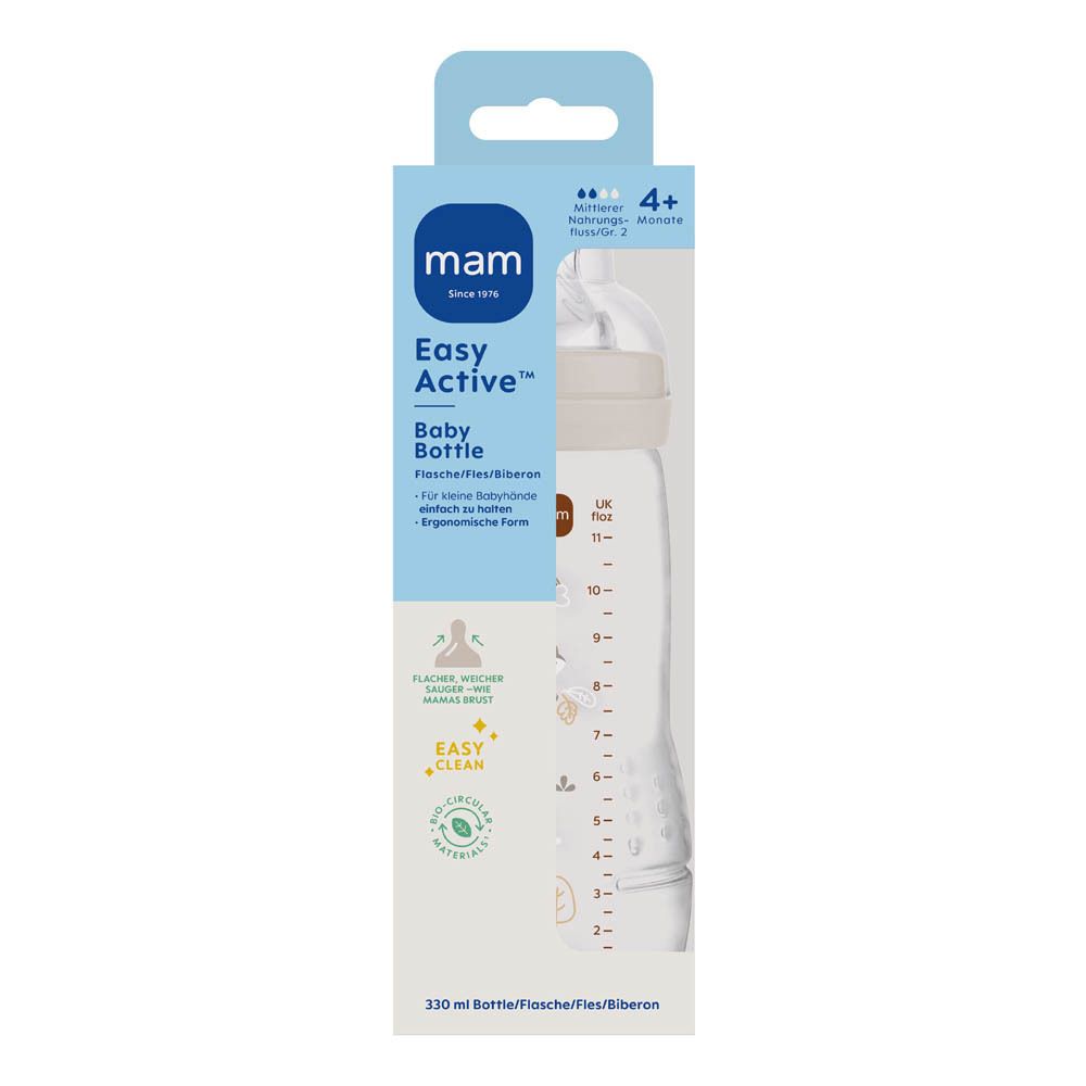 Arrière de l'emballage du biberon MAM Easy Active avec informations sur les tailles de tétines et le silicone SkinSoft.