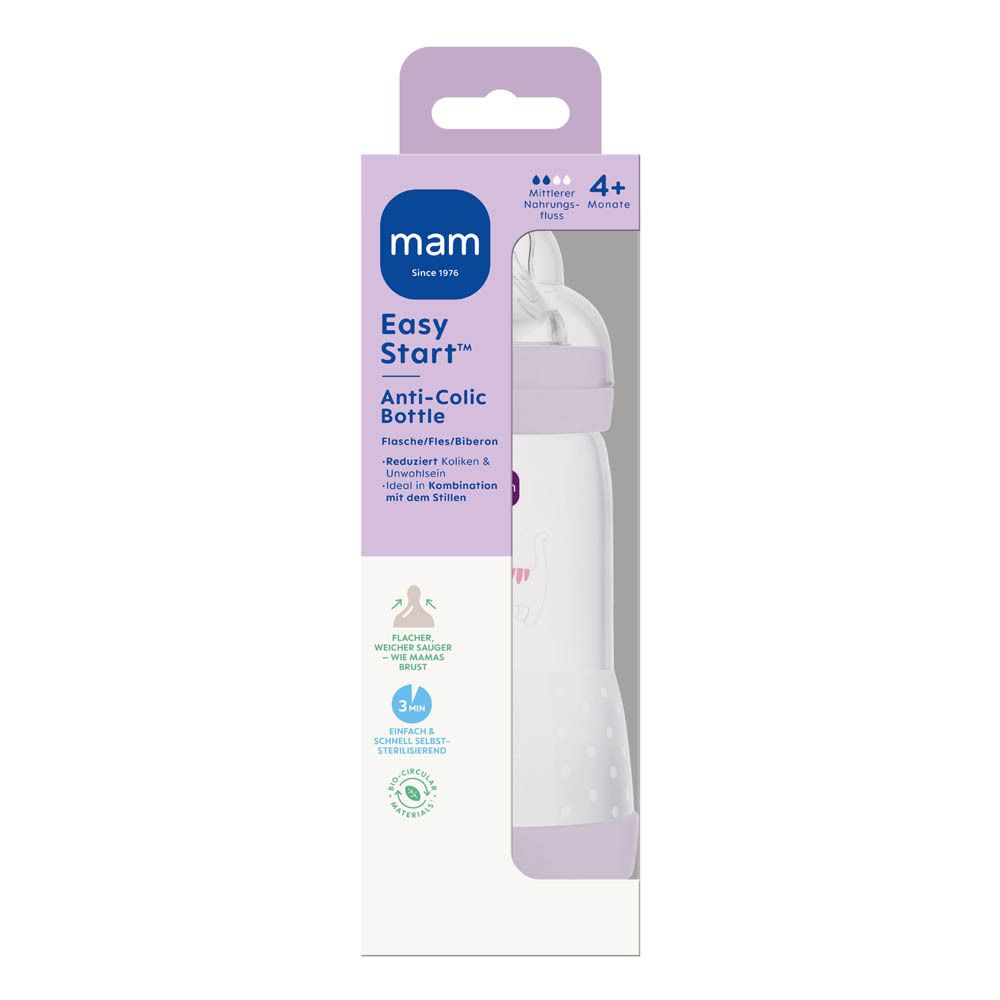 Emballage du biberon MAM Easy Start Anti-Colique lilas, motif girafe.