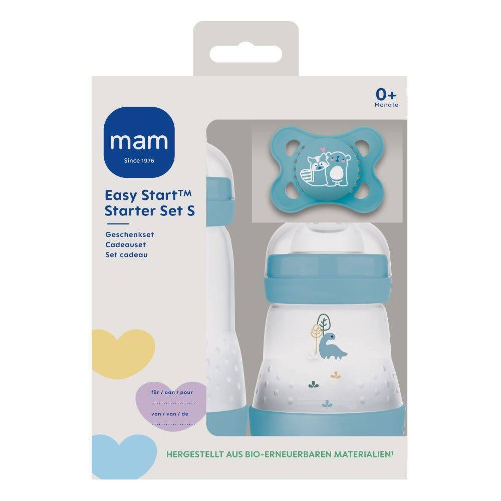 Coffret cadeau MAM Easy Start™ S. Biberon, sucette et emballage. Bleu et transparent. Pour bébés dès 0 mois.