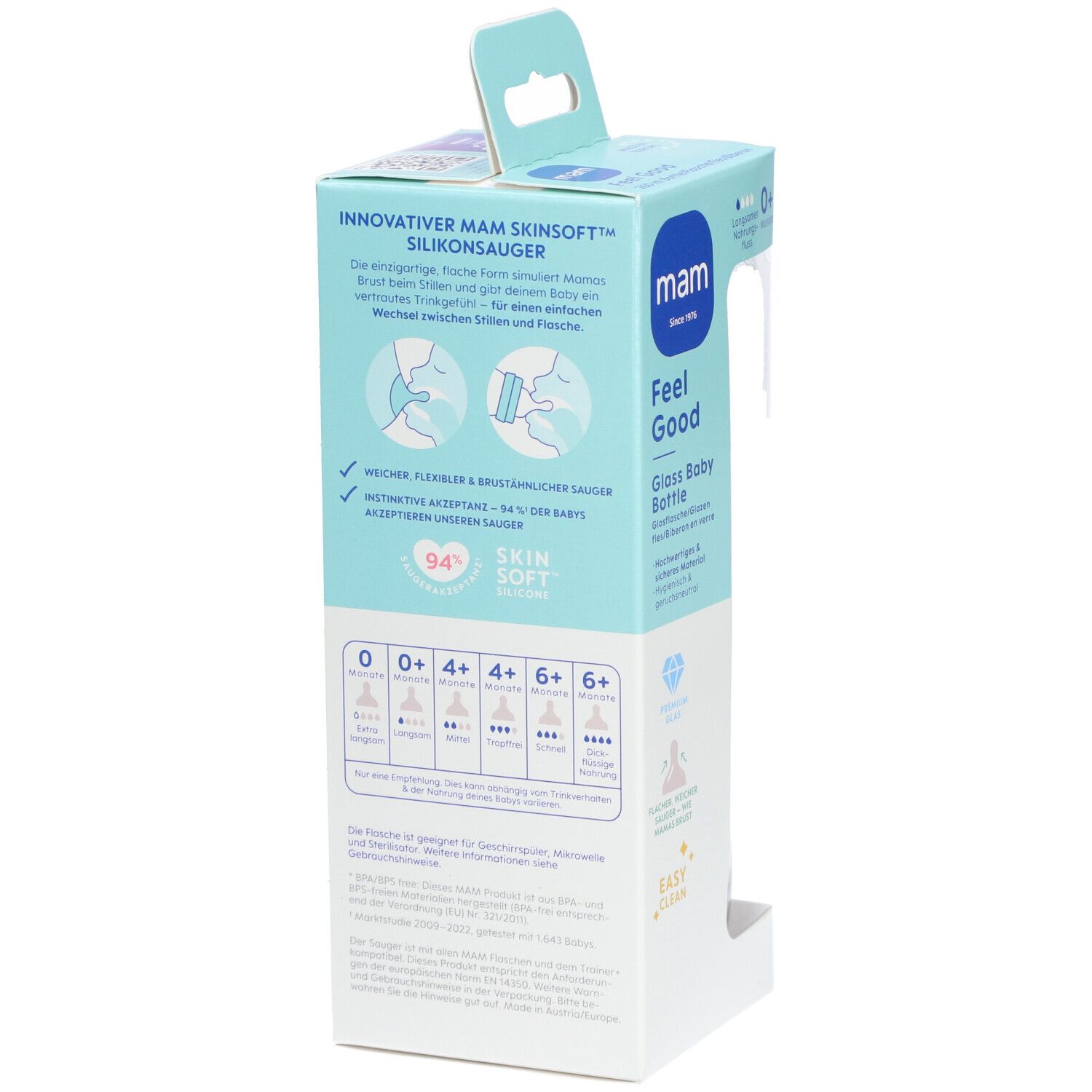 Dos de l'emballage. Informations sur la tétine en silicone MAM SkinSoft. Indications d'âge et caractéristiques.