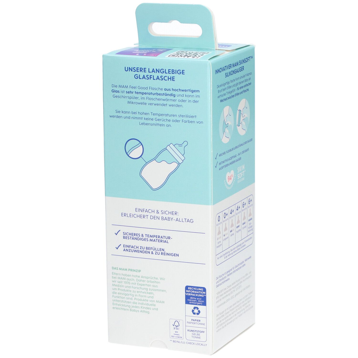 Dos de l'emballage. Informations sur le biberon en verre durable. Illustrations et caractéristiques du produit.