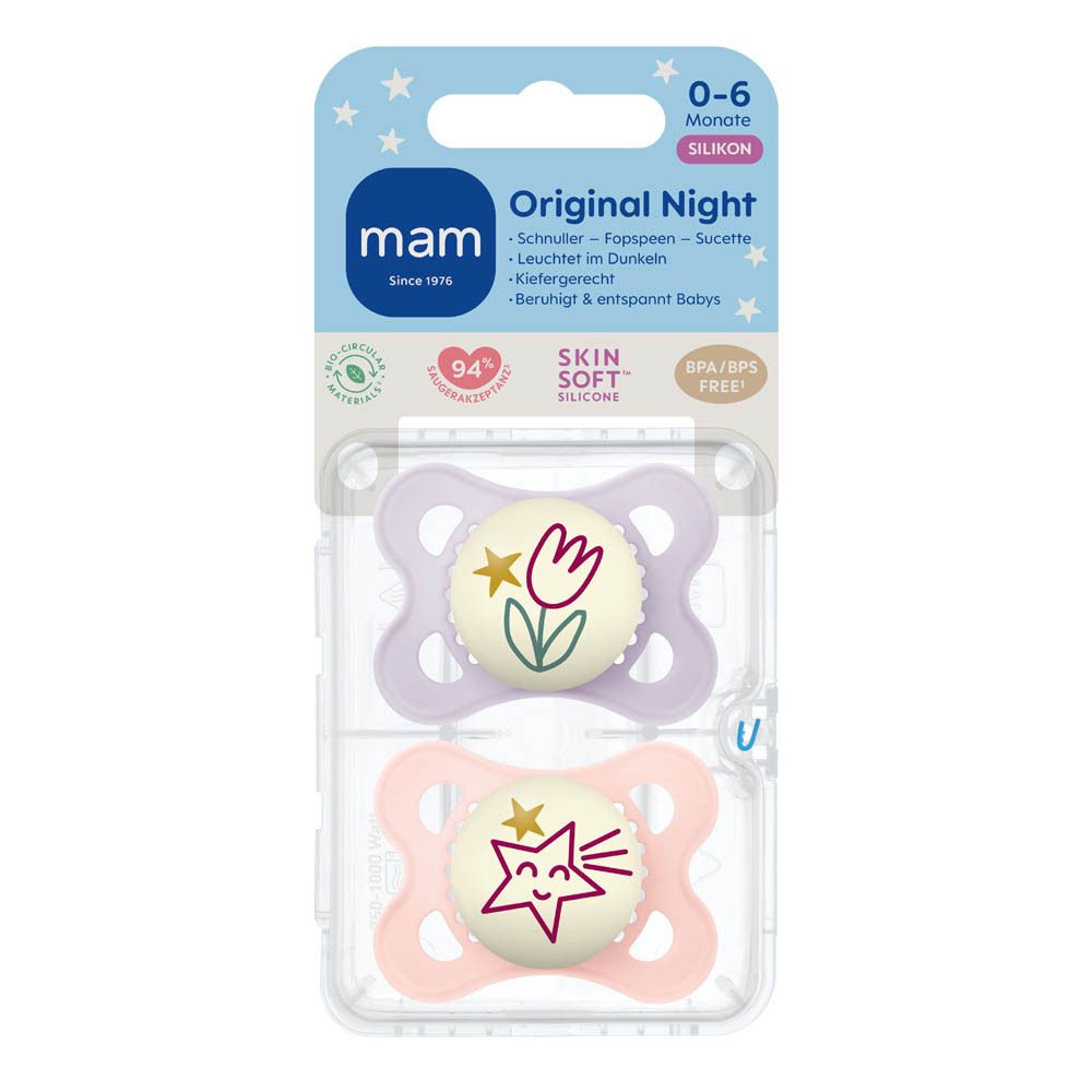 Deux sucettes MAM Original Night en silicone pour 0-6 mois, violettes et roses, avec motifs étoile et fleur.