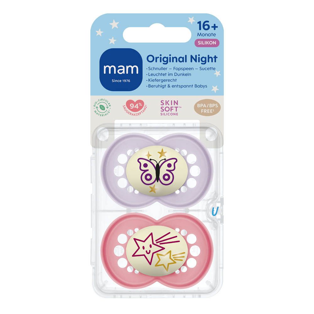 Deux sucettes MAM Original Night, 16+ mois, silicone. Violette avec papillon, rose avec étoiles.