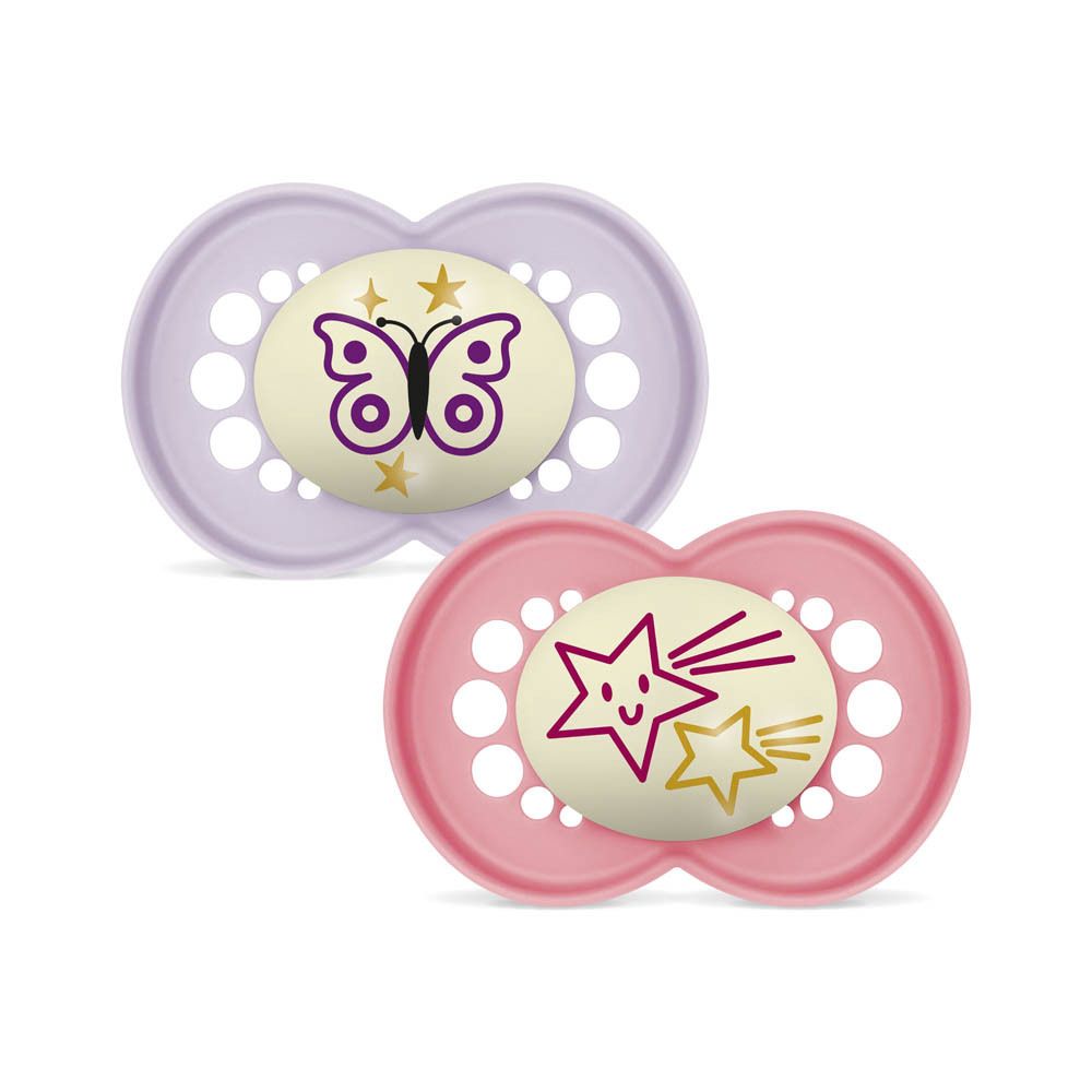 Deux sucettes MAM Original Night en silicone, rose et violet, 6-16 mois.