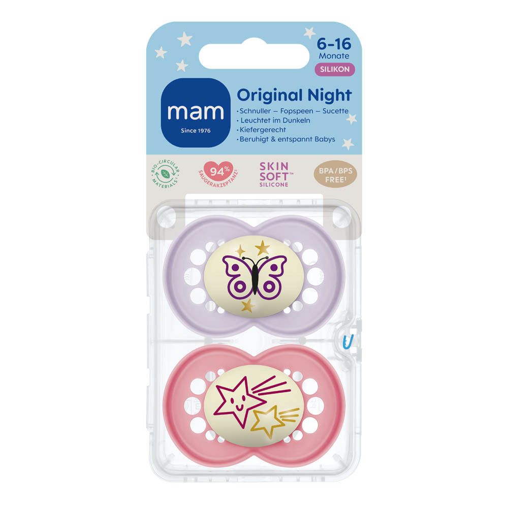 Deux sucettes MAM Original Night en silicone, rose et violet, 6-16 mois.