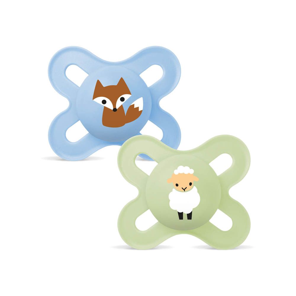 Deux sucettes MAM Original Start (0-2 mois) bleues et beiges avec motifs d'animaux, emballées.