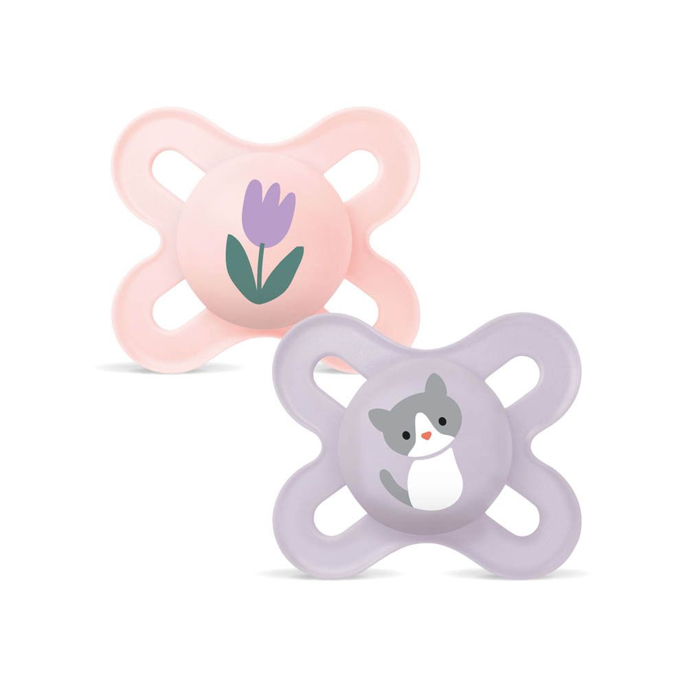 Deux sucettes MAM Original Start en silicone rose et gris clair, 0-2 mois, avec motifs animaux.