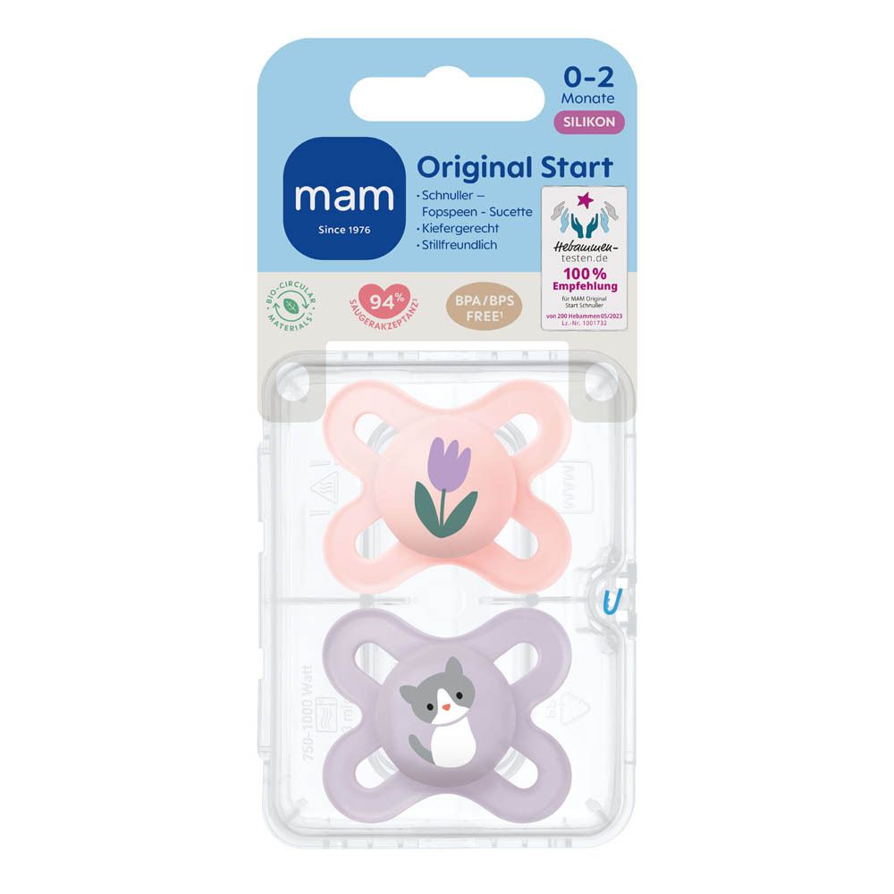 Deux sucettes MAM Original Start en silicone rose et gris clair, 0-2 mois, avec motifs animaux.