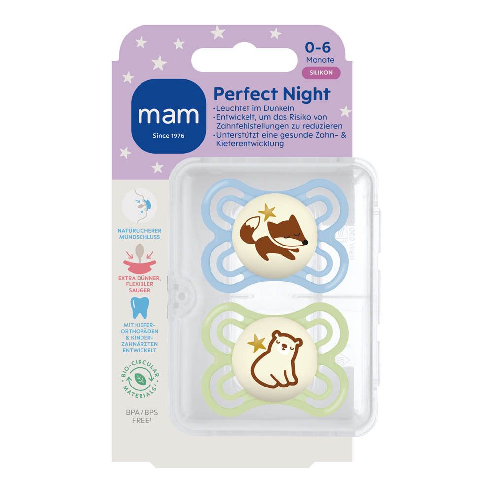 Deux sucettes MAM Perfect Night pour 0-6 mois, bleues et menthe, avec motifs ours et renard.
