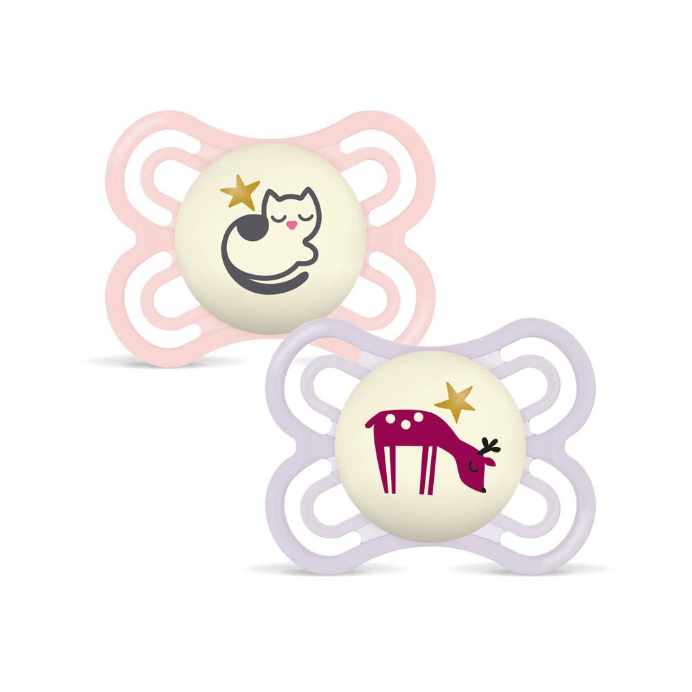 Deux sucettes MAM Perfect Night, 0-6 mois, silicone, rose et rose pâle, avec motifs animaliers.