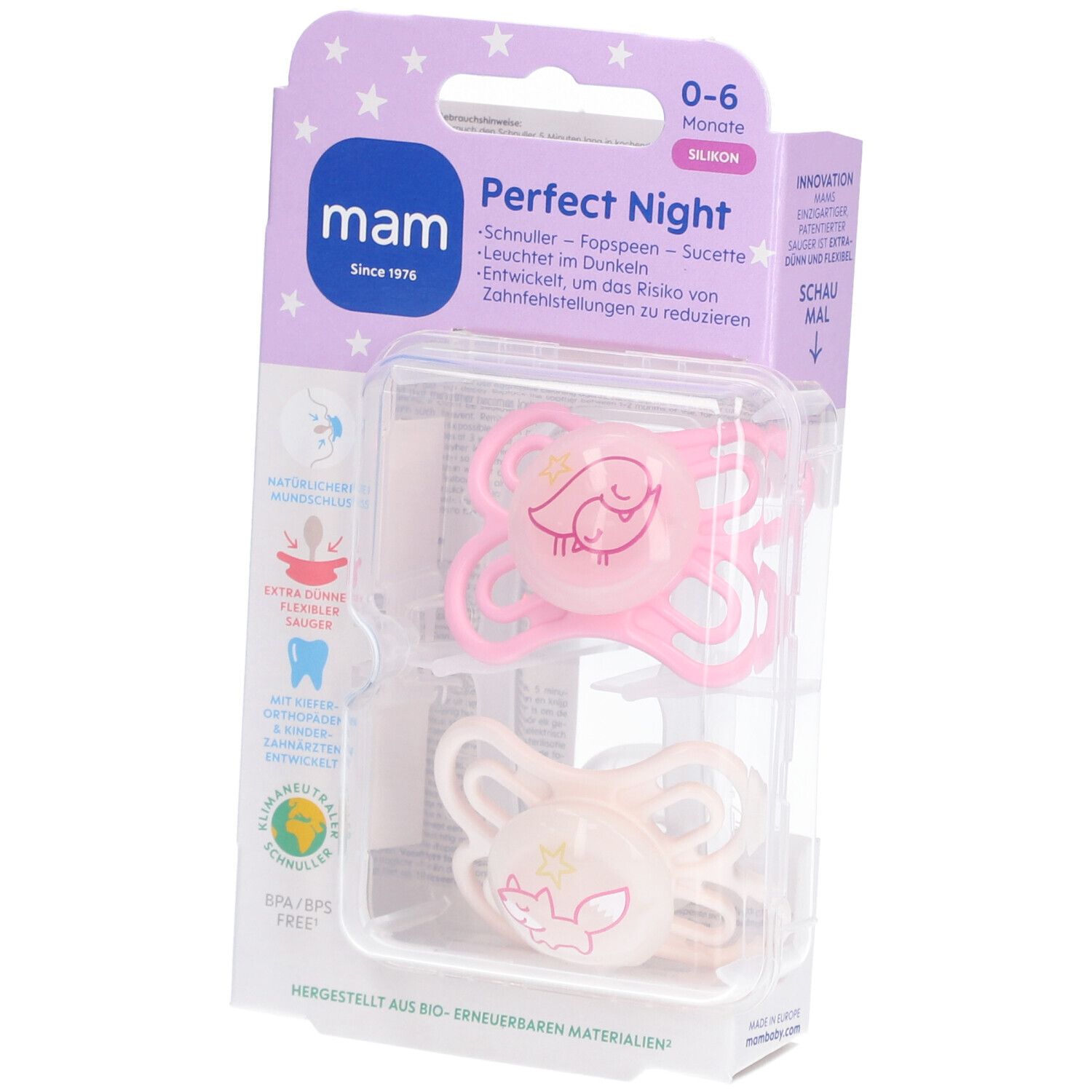 Deux sucettes MAM Perfect Night roses en emballage plastique. Âge 0-6 mois. Silicone. Motifs animaux.