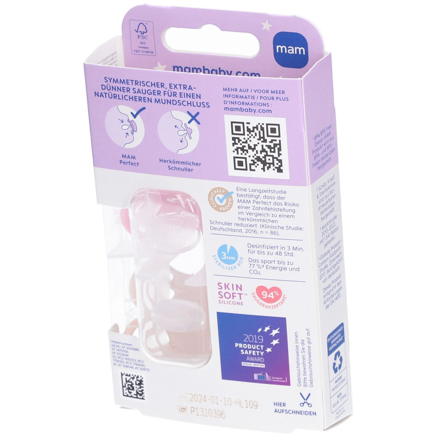 Dos de l'emballage de deux sucettes MAM Perfect Night. Informations et code QR. Label de sécurité du produit.