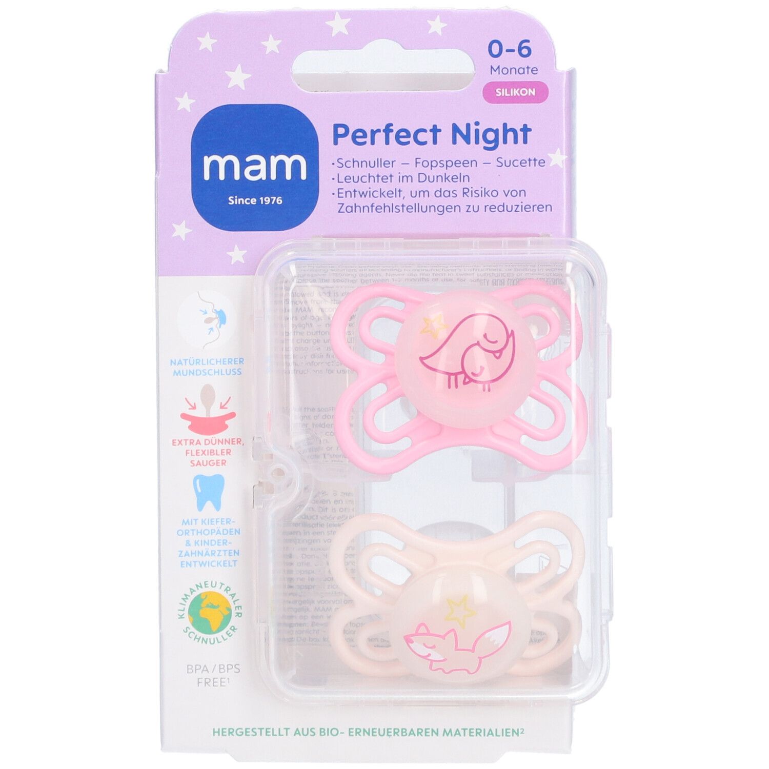 Deux sucettes MAM Perfect Night roses en emballage plastique. Âge 0-6 mois. Silicone. Motifs animaux.