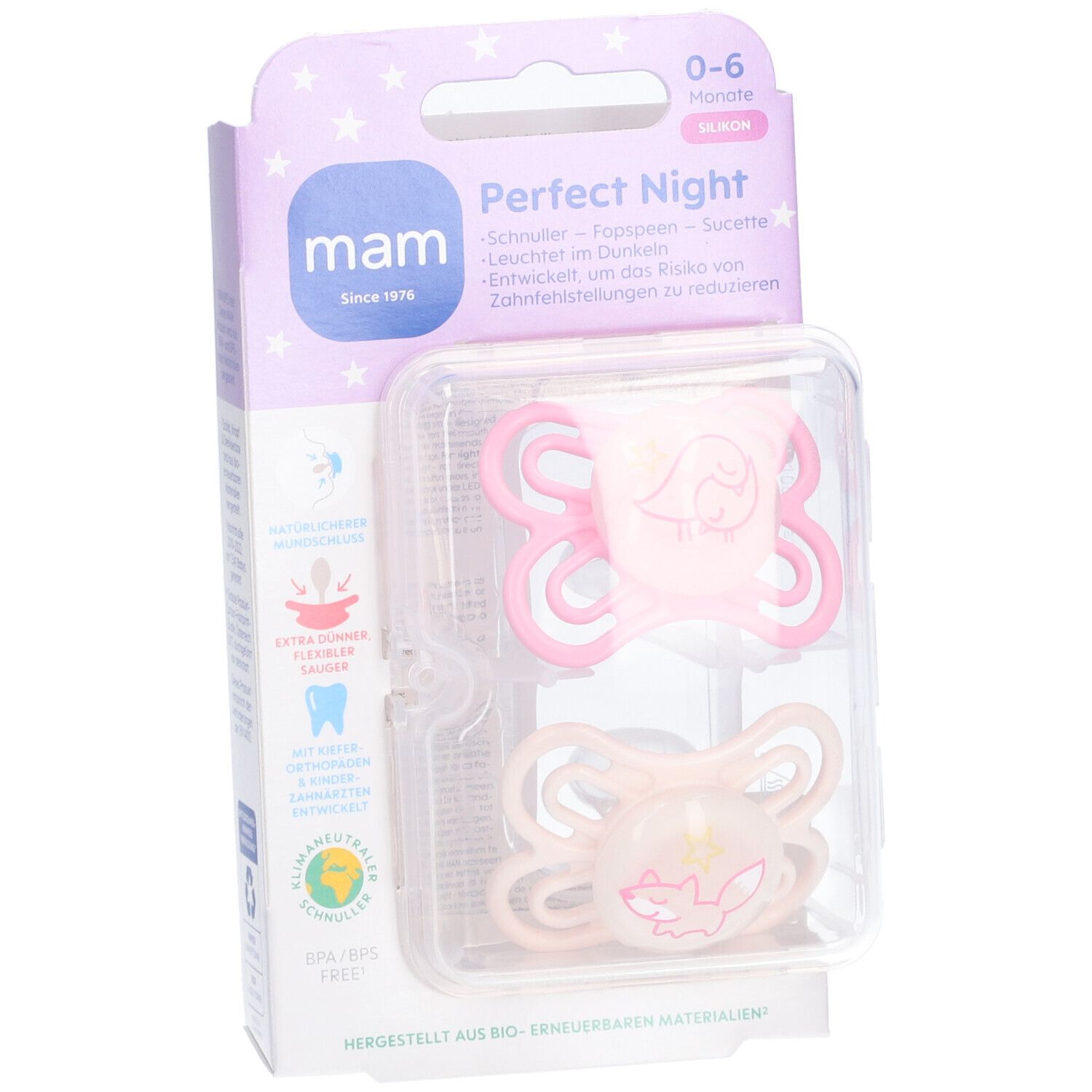 Deux sucettes MAM Perfect Night roses en emballage plastique. Âge 0-6 mois. Silicone. Motifs animaux.