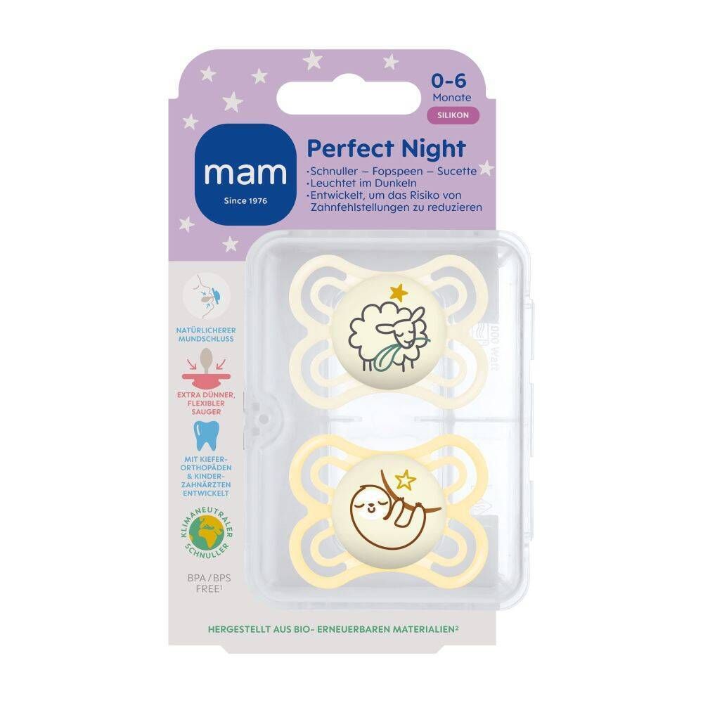 Deux sucettes MAM Perfect Night dans un emballage transparent. Jaune et crème, avec des motifs d'animaux. Âge 0-6 mois.