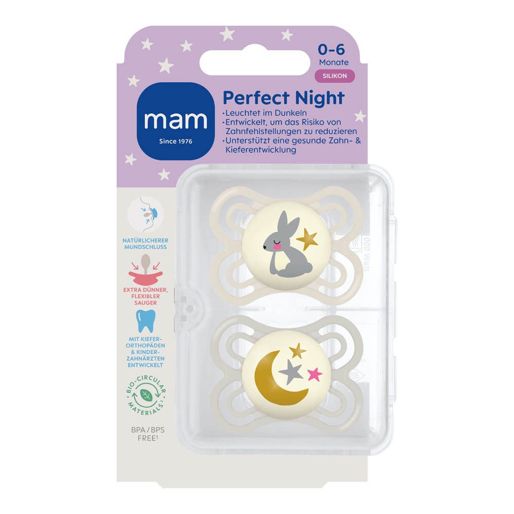 Deux sucettes MAM Perfect Night (rose/jaune) en silicone pour 0-6 mois, avec motifs animaux, phosphorescentes.