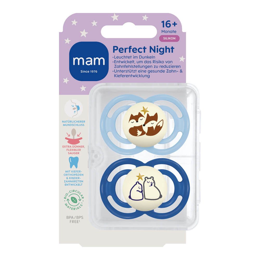 Deux sucettes MAM Perfect Night en silicone bleu, 16+ mois, avec motifs d'animaux.