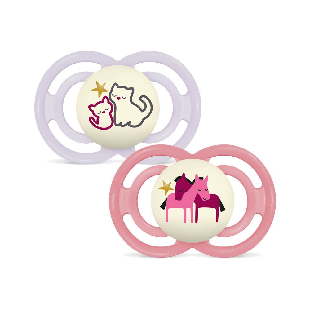 Deux sucettes MAM Perfect Night en silicone, 16+ mois, motif animal, une rose, une lilas.