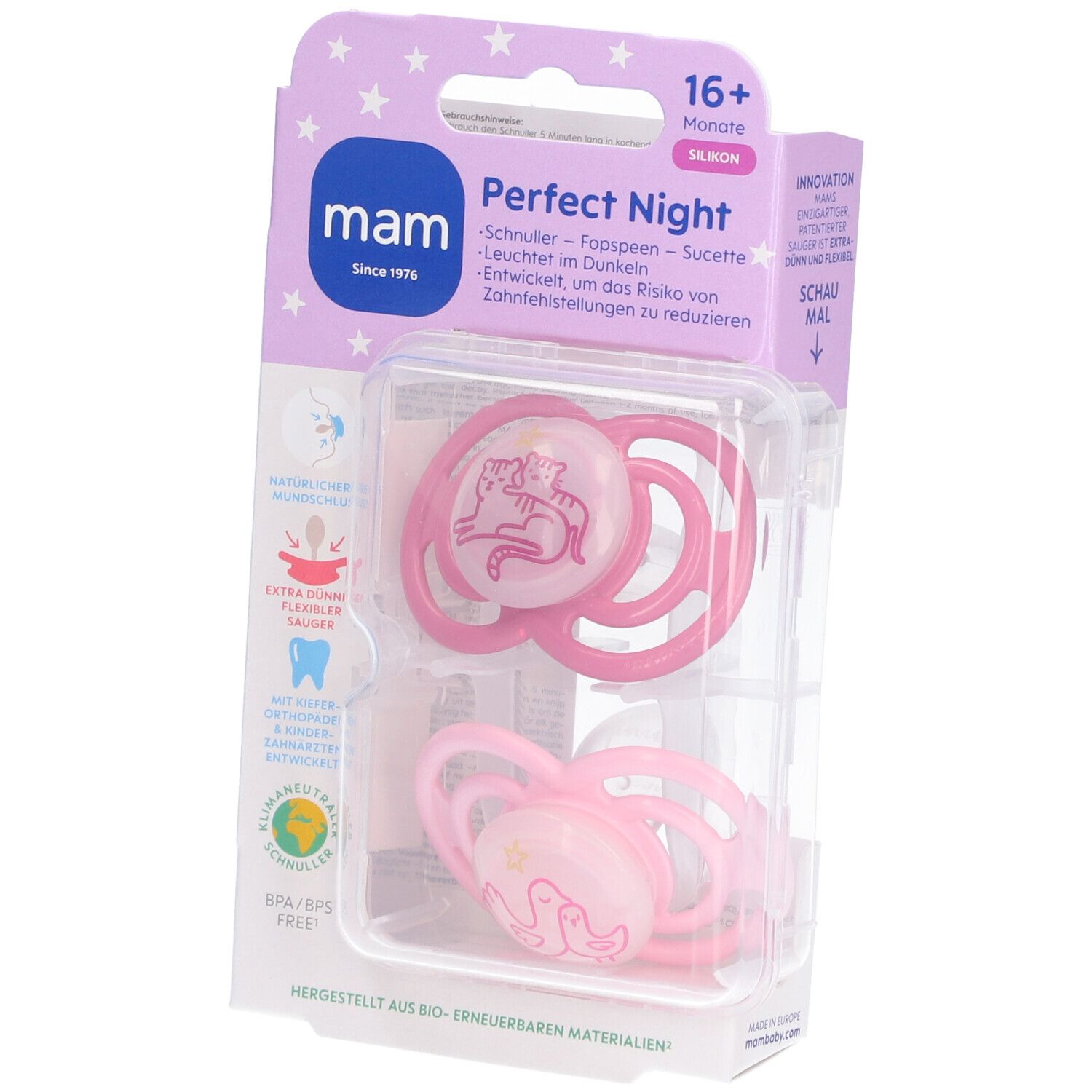Deux sucettes MAM Perfect Night roses dans un emballage. 16+ mois. Silicone. Motif animal. Sans BPA/BPS.