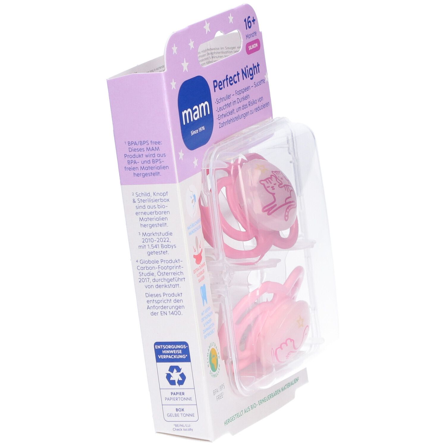 Emballage avec deux sucettes MAM Perfect Night roses. 16+ mois. Silicone. Vue latérale. Sans BPA/BPS.