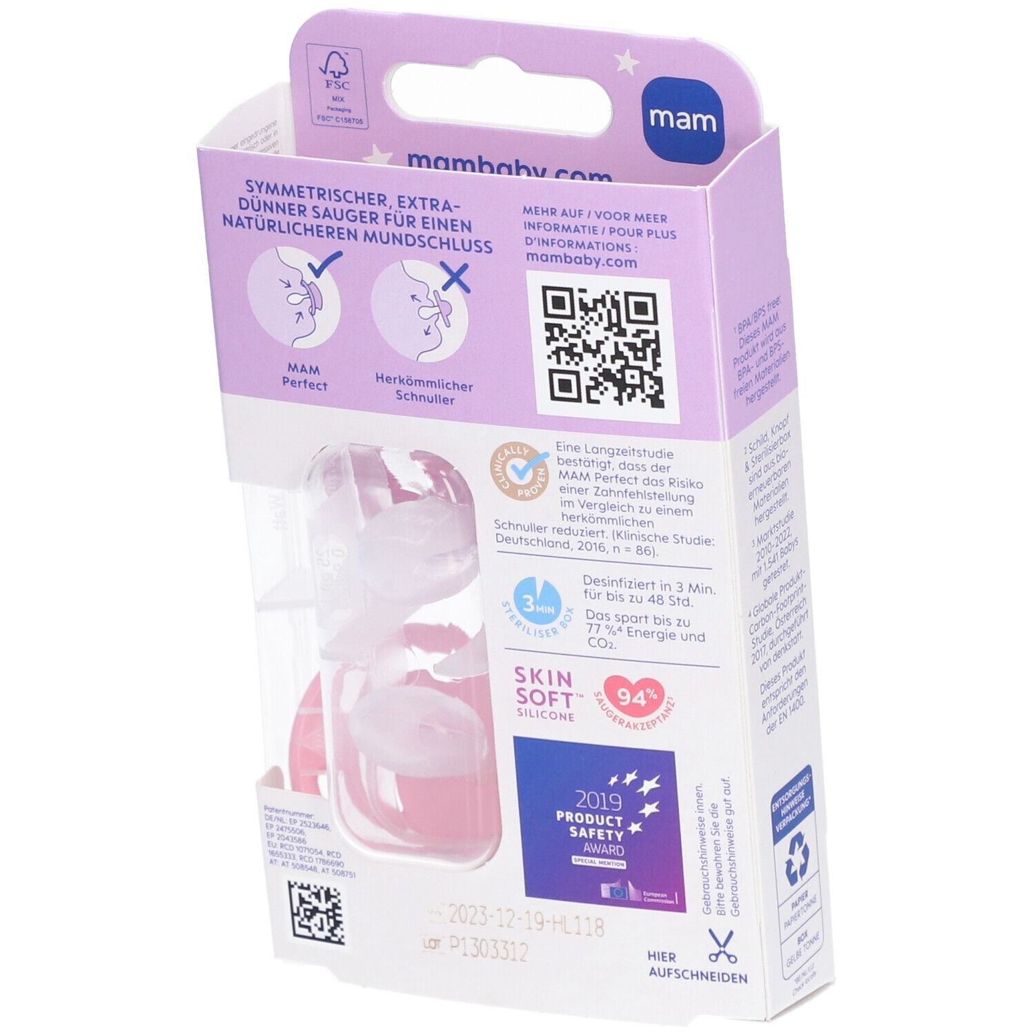 Dos de l'emballage des sucettes MAM Perfect Night. Informations sur les matériaux, certifications et code QR.
