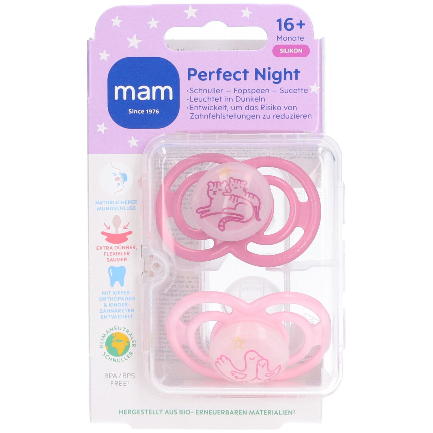 Deux sucettes MAM Perfect Night roses dans un emballage. 16+ mois. Silicone. Motif animal. Sans BPA/BPS.