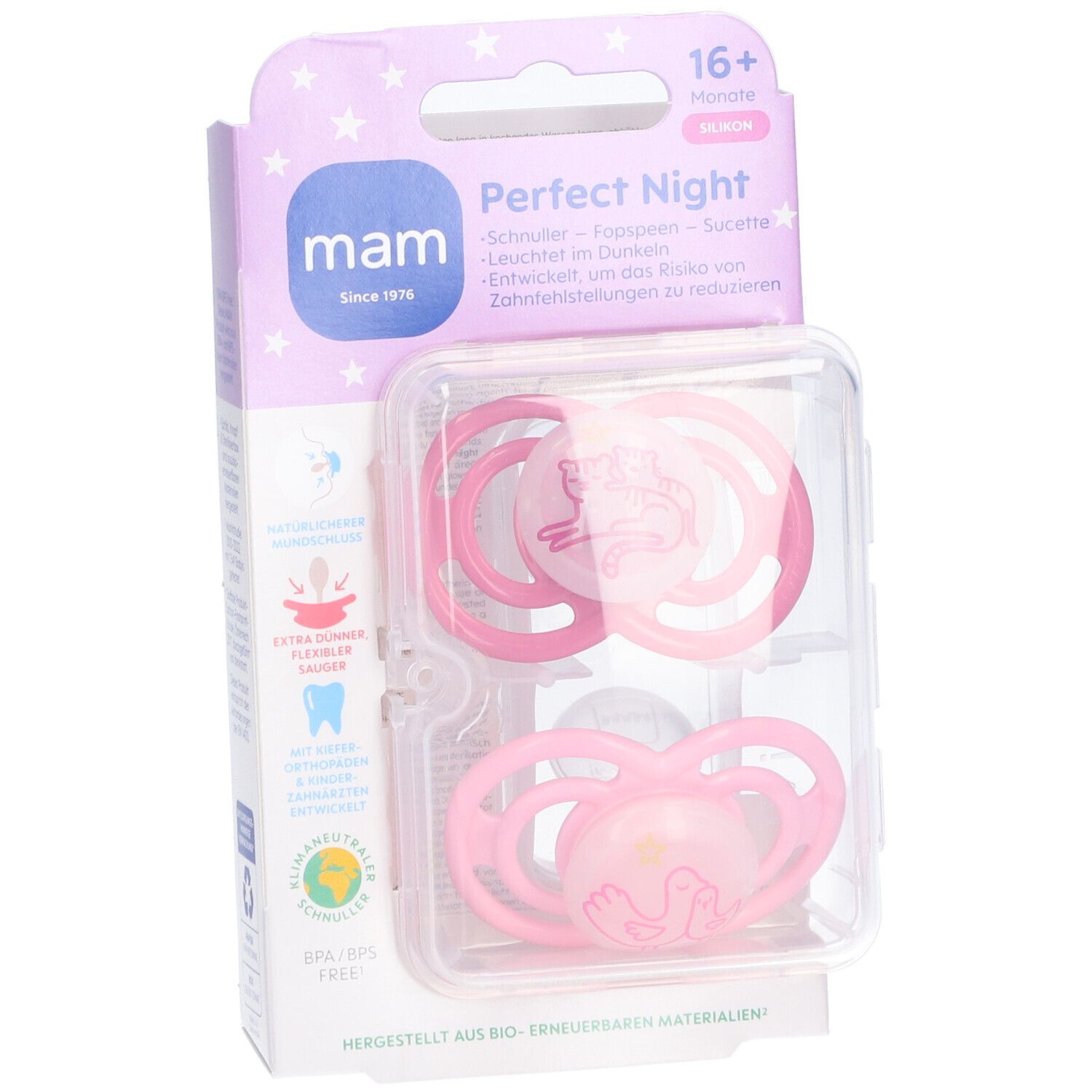 Deux sucettes MAM Perfect Night roses dans un emballage. 16+ mois. Silicone. Motif animal. Sans BPA/BPS.