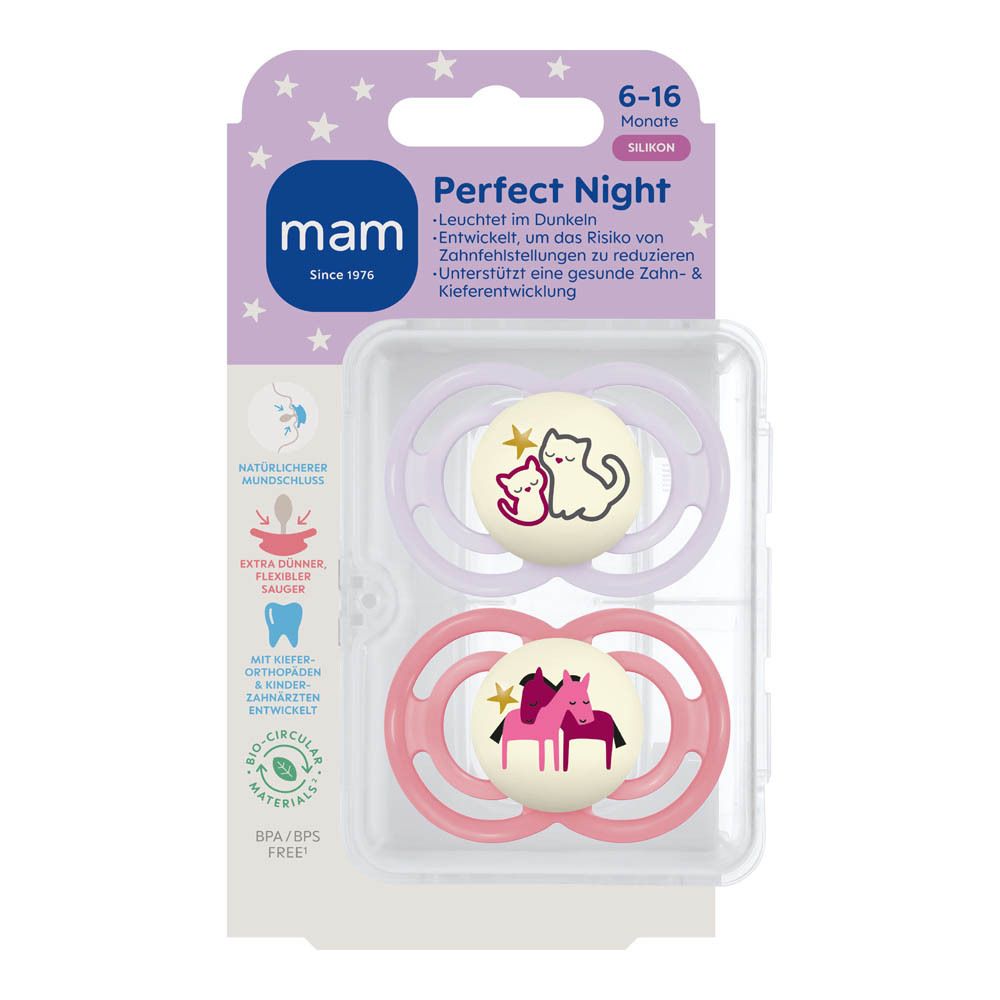 Emballage pour deux sucettes roses MAM Perfect Night (6-16 mois) avec motifs animaux.