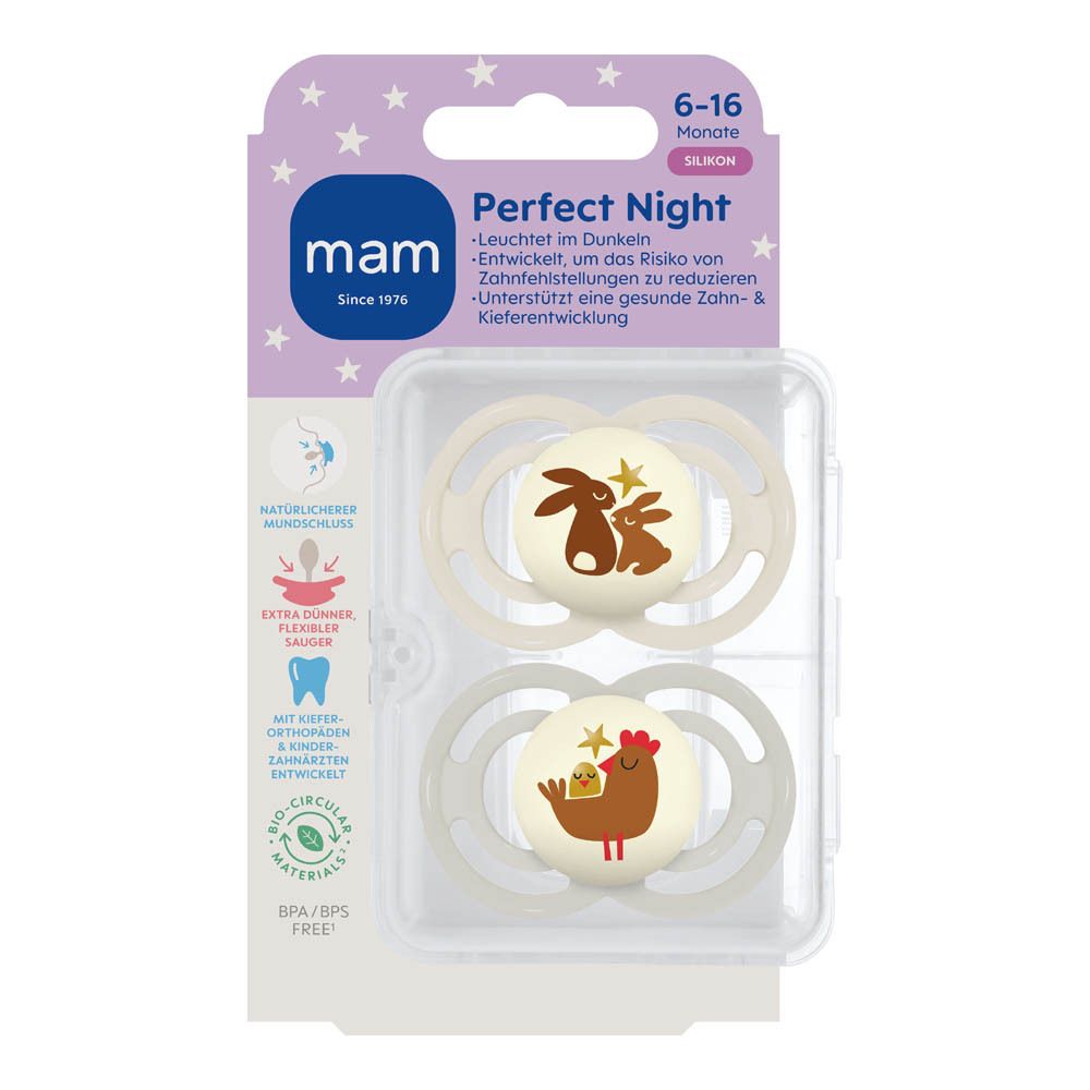 Deux sucettes MAM Perfect Night en silicone, 6-16 mois, motifs animaux (dinosaure, renard). S'illuminent dans le noir.