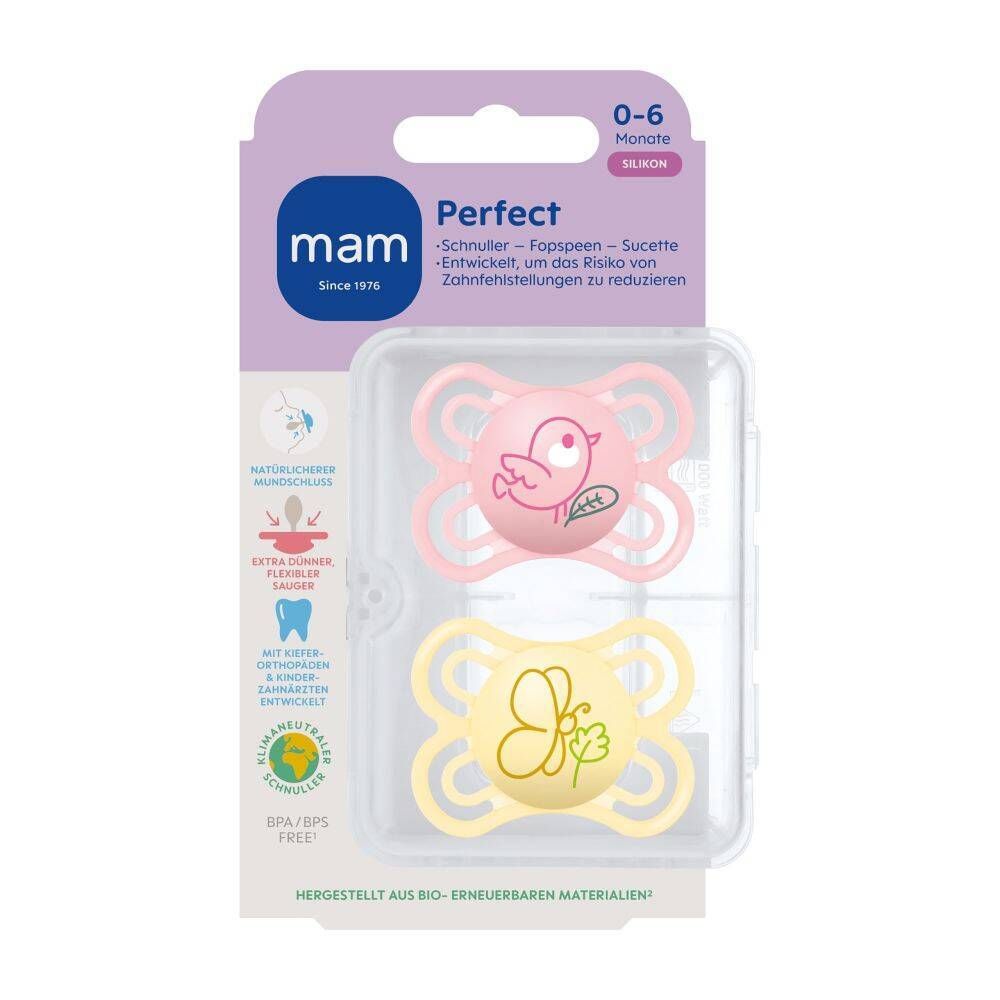 Deux sucettes MAM Perfect en emballage. Rose et jaune, motifs animaux. Âge 0-6 mois. Emballage transparent.