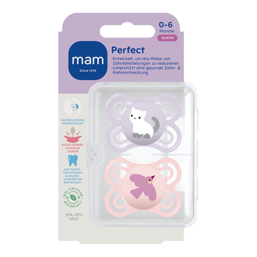 Deux sucettes MAM Perfect en silicone, 0-6 mois, lilas avec chat et rose avec oiseau.