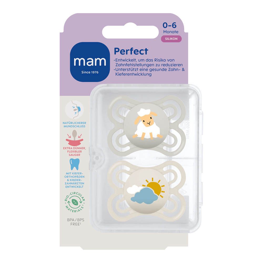 Deux sucettes MAM Perfect en silicone pour 0-6 mois, motifs hérisson et lion.