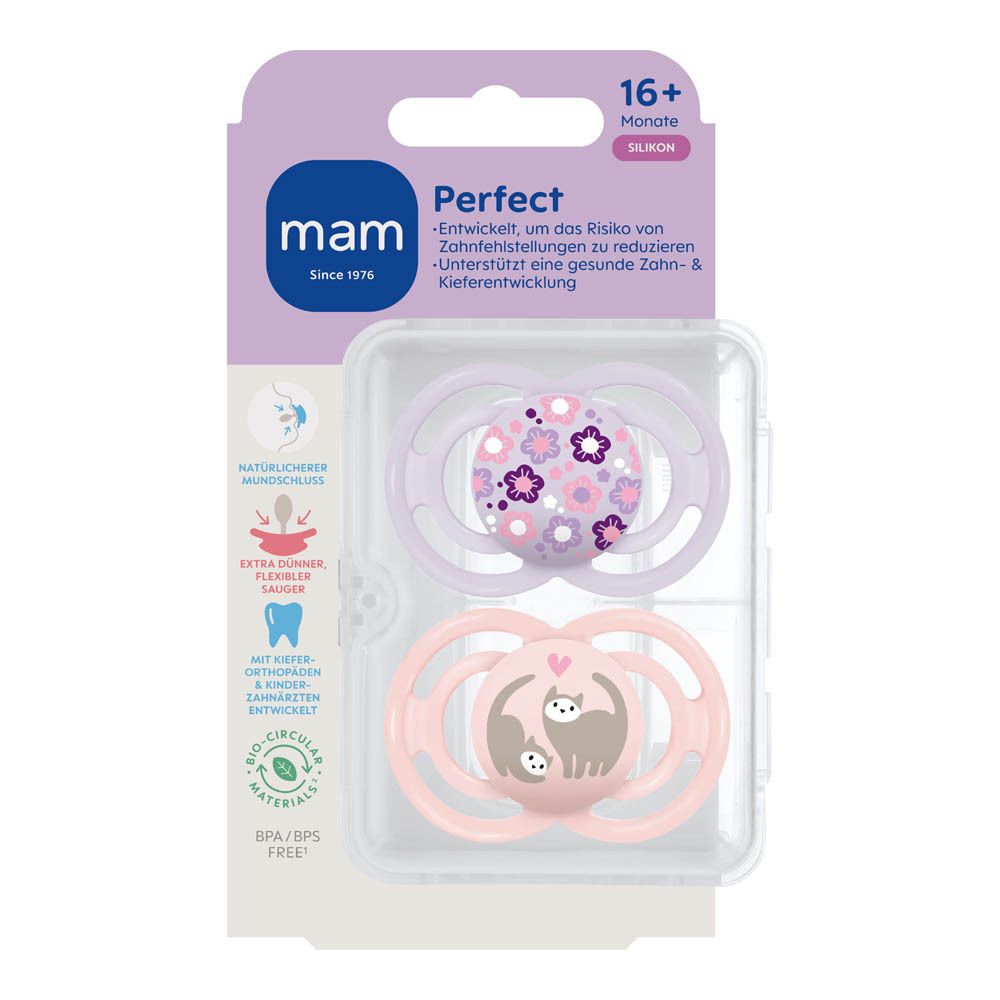 Deux sucettes MAM Perfect roses avec motifs lapin et fraise, 16+ mois, silicone, sans BPA/BPS.